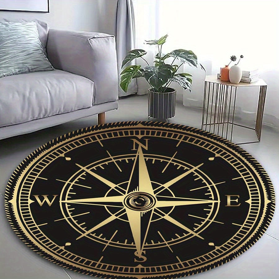Skorter | Compass Design Round Rug - Non-Slip, Soft Velvet Texture, Polyester Floor Rug for Living Room, Bedroom, Hallway, Office, Kitchen, and Bathroom.