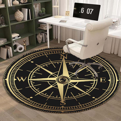 Skorter | Compass Design Round Rug - Non-Slip, Soft Velvet Texture, Polyester Floor Rug for Living Room, Bedroom, Hallway, Office, Kitchen, and Bathroom.