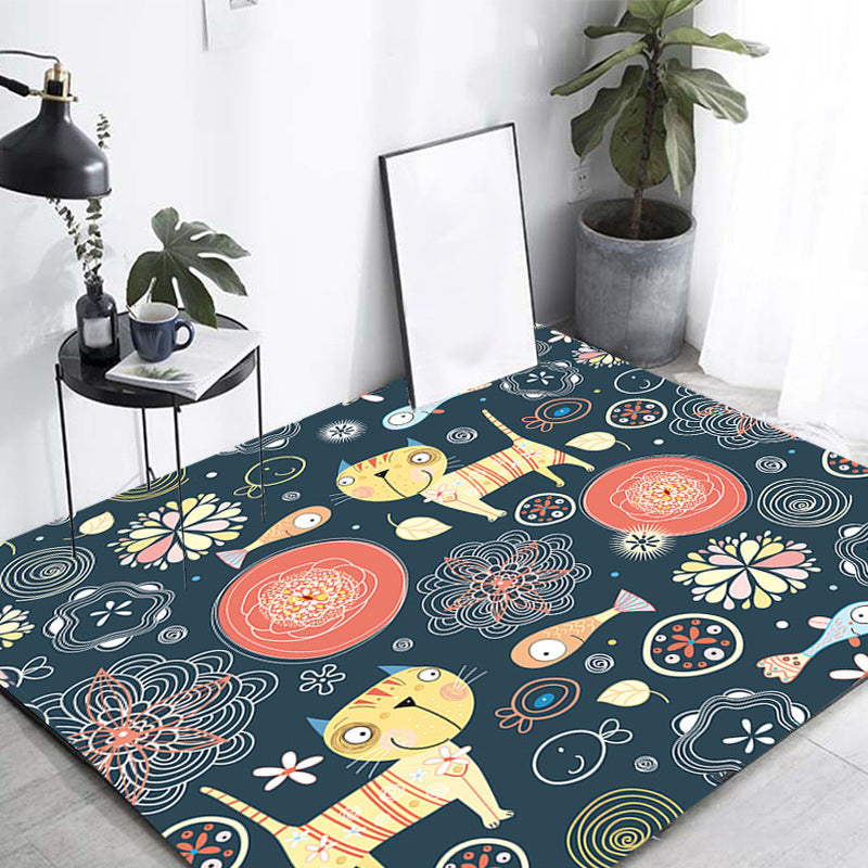 Skorter | Dark Black Children’s Mat Polyester Animal and Flower Pattern Carpet Pet Friendly Washable Non-Slip Backing Rug for Decoration