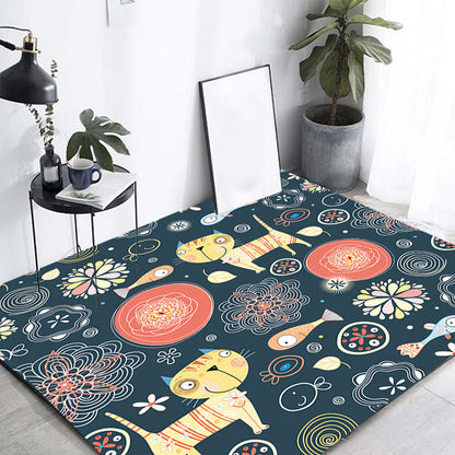 Skorter | Dark Black Children’s Mat Polyester Animal and Flower Pattern Carpet Pet Friendly Washable Non-Slip Backing Rug for Decoration