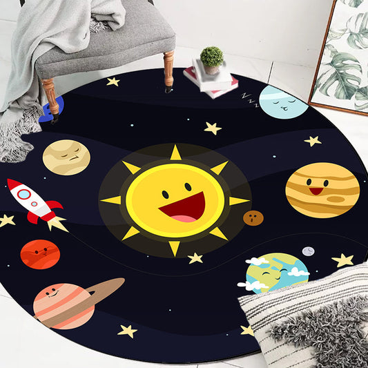 Skorter | Black Multicolor Kids Rug Polyester Space Pattern Rug Pet Friendly Washable Non-Slip Back Carpet for Decoration