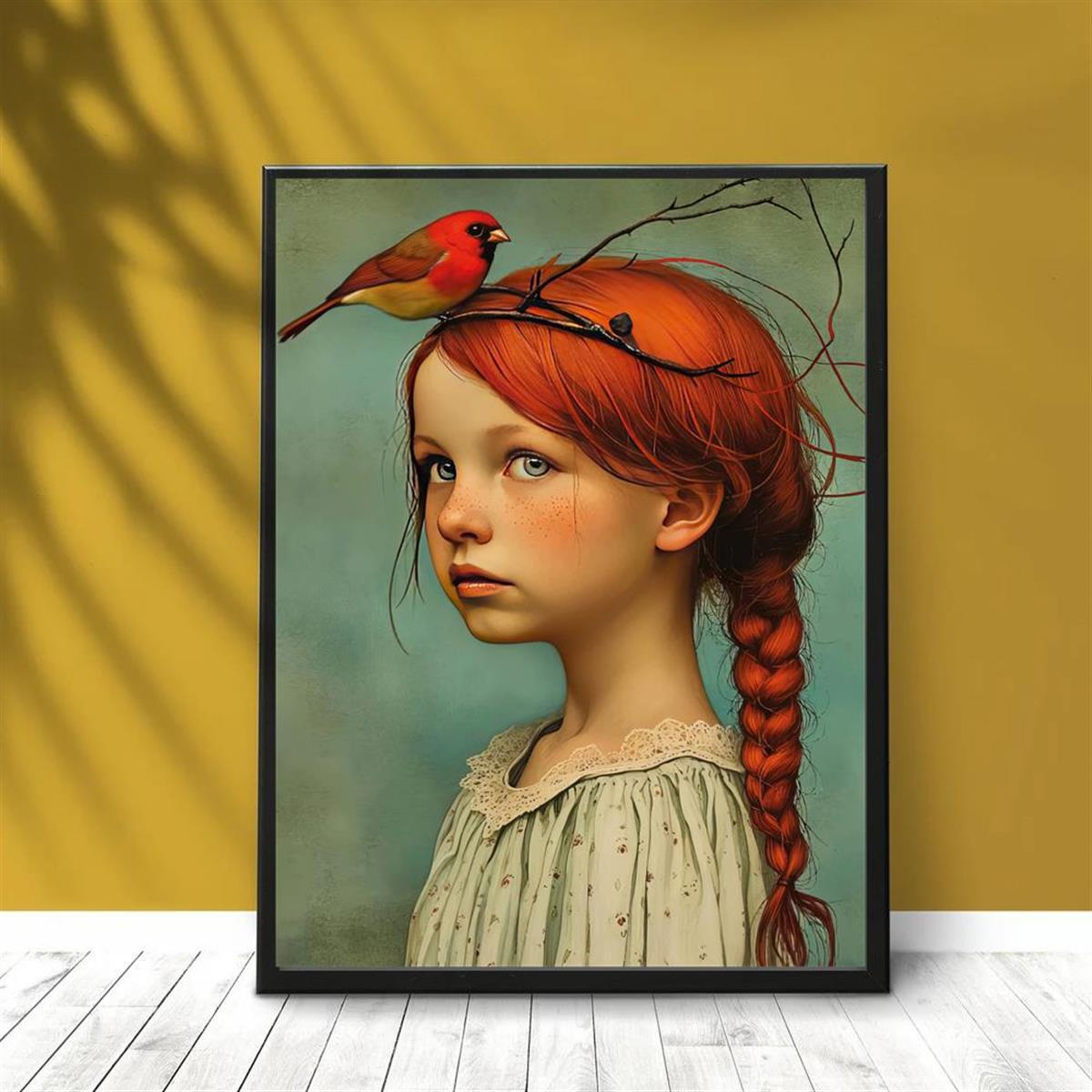 Skorter | 1-piece Art Deco Classic Modern Canvas Poster - Unframed Portrait of Girl and Cardinal, Wall Decoration for Home and Office Area