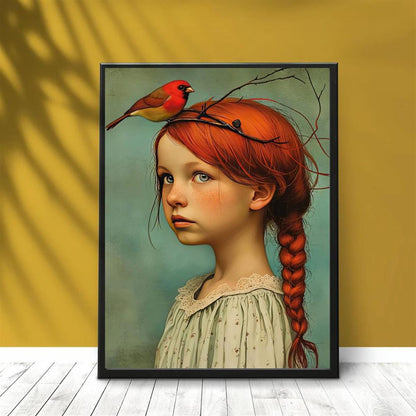 Skorter | 1-piece Art Deco Classic Modern Canvas Poster - Unframed Portrait of Girl and Cardinal, Wall Decoration for Home and Office Area