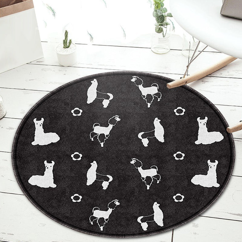 Skorter | Black and Green Children's Carpet Polyester Cartoon Animal and Flower Pattern Rug Pet Friendly Washable Non-Slip Backing Rug for Decoration