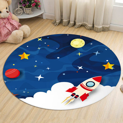 Skorter | Dark Blue Children's Carpet Polyester Spaceships and Stars Pattern Carpet Pet Friendly Washable Nonslip Rug for Decoration