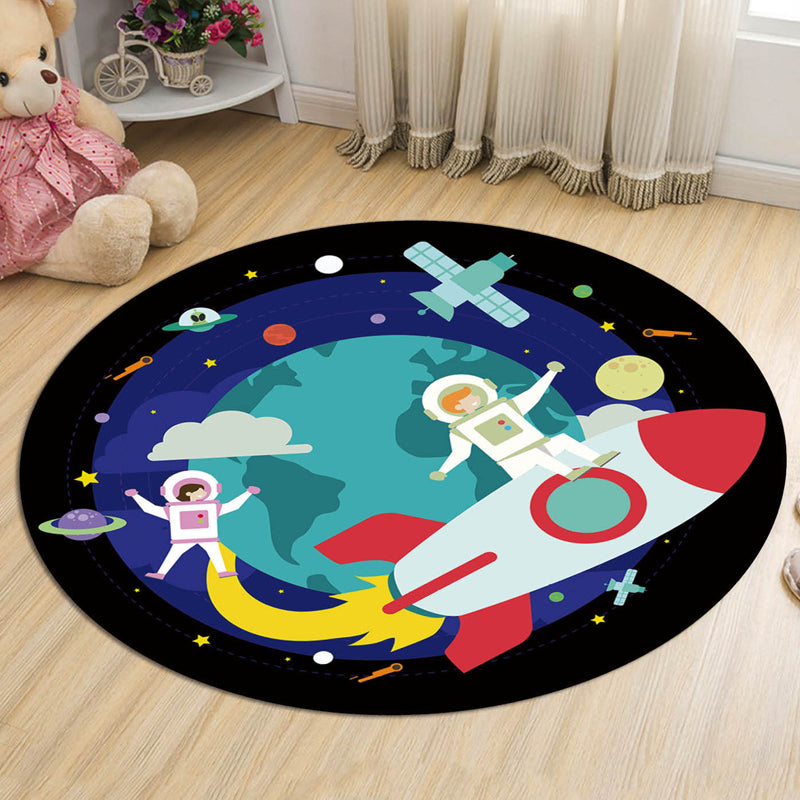 Skorter | Dark Blue Children's Carpet Polyester Spaceships and Stars Pattern Carpet Pet Friendly Washable Nonslip Rug for Decoration