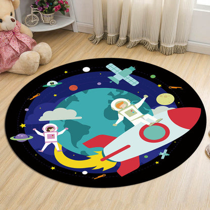 Skorter | Dark Blue Children's Carpet Polyester Spaceships and Stars Pattern Carpet Pet Friendly Washable Nonslip Rug for Decoration