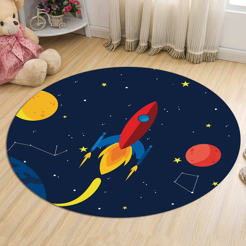 Skorter | Dark Blue Children's Carpet Polyester Spaceships and Stars Pattern Carpet Pet Friendly Washable Nonslip Rug for Decoration