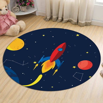 Skorter | Dark Blue Children's Carpet Polyester Spaceships and Stars Pattern Carpet Pet Friendly Washable Nonslip Rug for Decoration