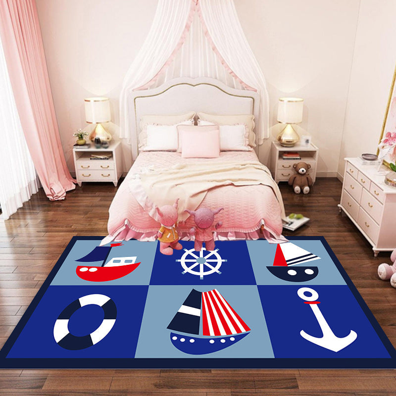 Skorter | Children's ship pattern carpet with anchor Blue Polyester Carpet Washable Pet-friendly Non-slip Carpet for the nursery