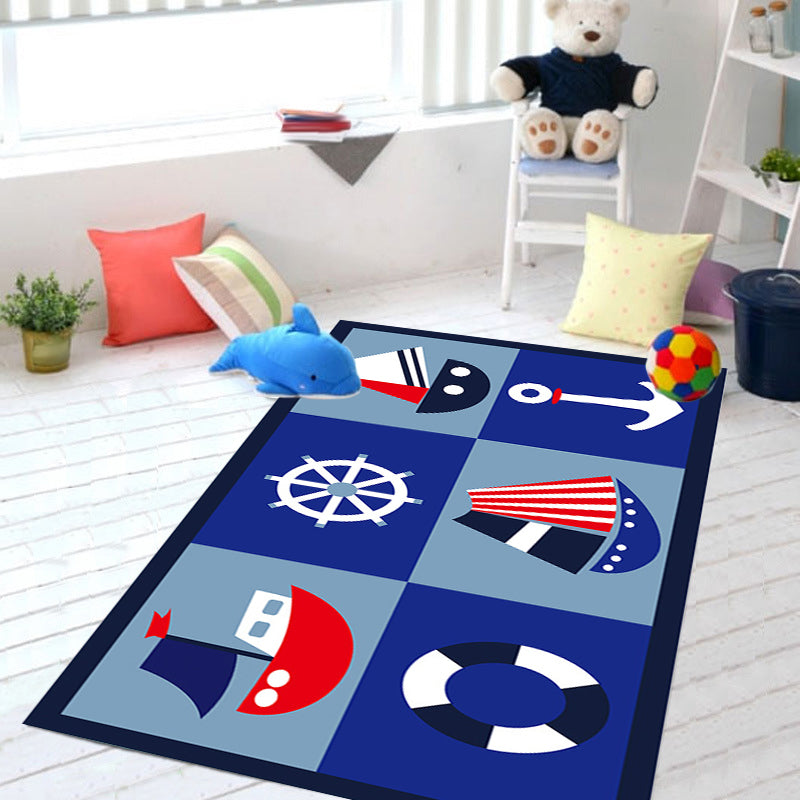 Skorter | Children's ship pattern carpet with anchor Blue Polyester Carpet Washable Pet-friendly Non-slip Carpet for the nursery