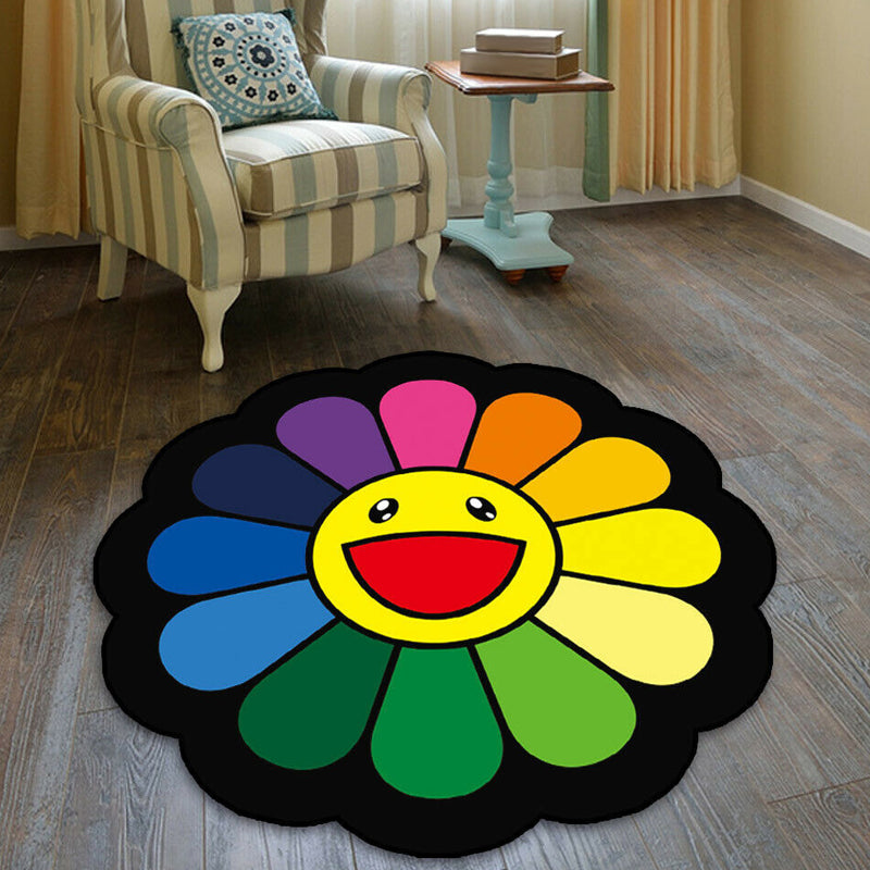 Skorter | Colorful Flower Pattern Rug Black Multicolor Kids Rug Polyester Pet Friendly Washable Area Rug for Kids Room