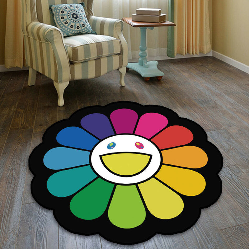 Skorter | Colorful Flower Pattern Rug Black Multicolor Kids Rug Polyester Pet Friendly Washable Area Rug for Kids Room