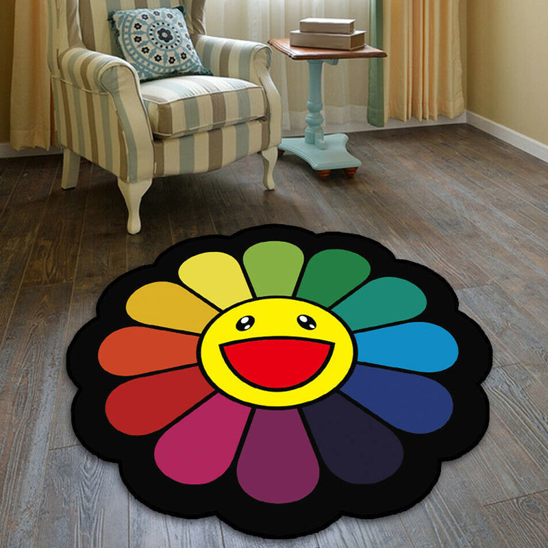 Skorter | Colorful Flower Pattern Rug Black Multicolor Kids Rug Polyester Pet Friendly Washable Area Rug for Kids Room