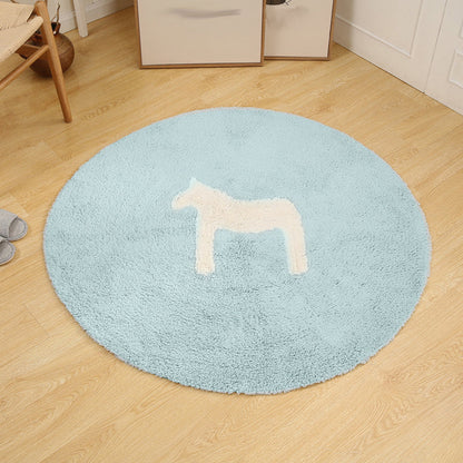 Skorter | Children's horse pattern rug Blue and Khaki Cotton rug Washable Pet-friendly Non-slip rug for the children's room