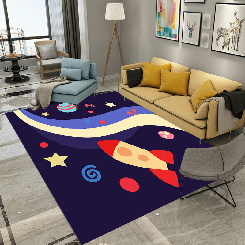 Skorter | Children's Spaceship Pattern Rug with Planet Dark Blue Polyester Rug Washable Pet-Friendly Non-Slip Rug for the Children's Room