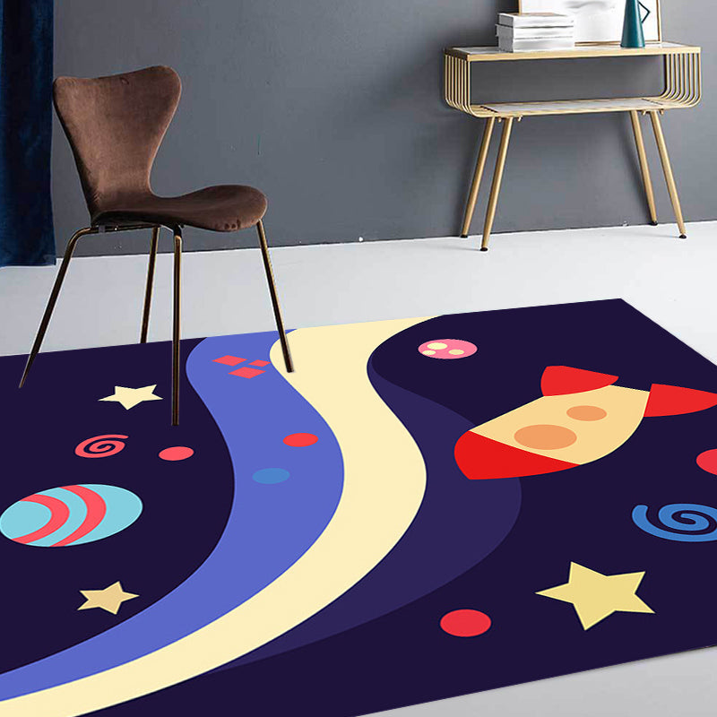 Skorter | Children's Spaceship Pattern Rug with Planet Dark Blue Polyester Rug Washable Pet-Friendly Non-Slip Rug for the Children's Room