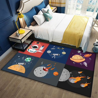 Skorter | Black and Blue Kids Rug Polyester Space and Beach Pattern Rug Pet Friendly Washable Non-Slip Backing Carpet for Decoration