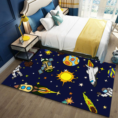 Skorter | Black and Blue Kids Rug Polyester Space and Beach Pattern Rug Pet Friendly Washable Non-Slip Backing Carpet for Decoration