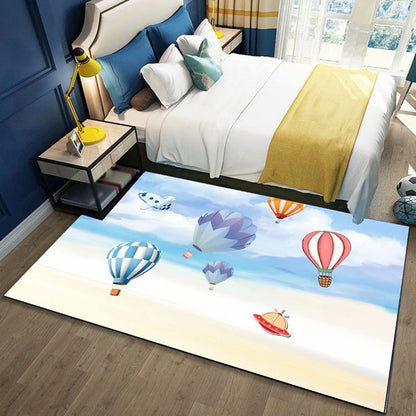 Skorter | Black and Blue Kids Rug Polyester Space and Beach Pattern Rug Pet Friendly Washable Non-Slip Backing Carpet for Decoration
