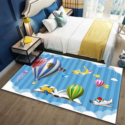 Skorter | Black and Blue Kids Rug Polyester Space and Beach Pattern Rug Pet Friendly Washable Non-Slip Backing Carpet for Decoration