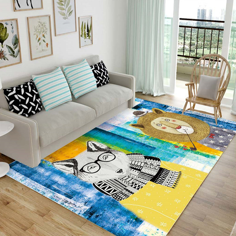 Skorter | Children's animal pattern rug black and blue acrylic rug washable pet-friendly non-slip rug for the children's room