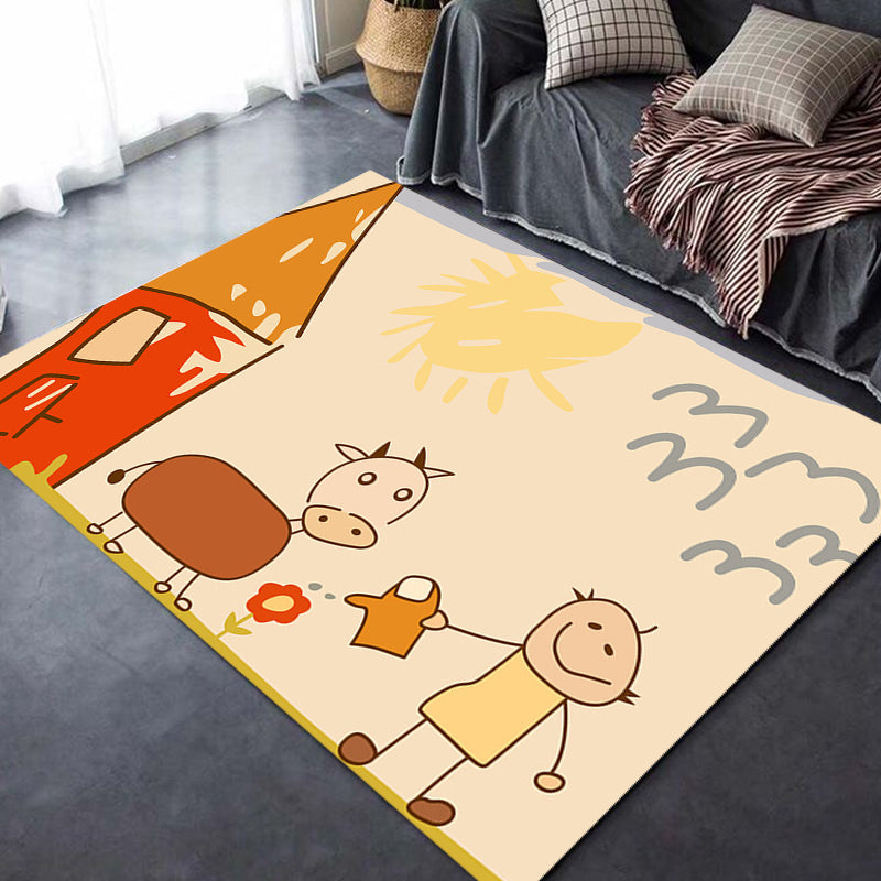 Skorter | Cute Painting Pattern Rug Orange Kids Rug Polyester Pet Friendly Washable Area Rug for Kids Room
