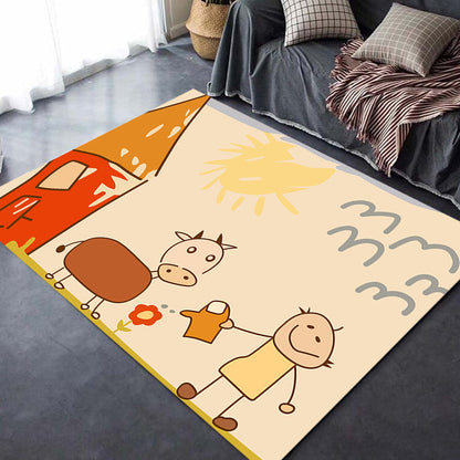 Skorter | Cute Painting Pattern Rug Orange Kids Rug Polyester Pet Friendly Washable Area Rug for Kids Room
