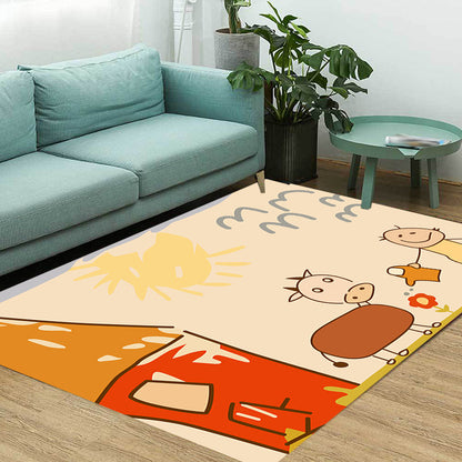 Skorter | Cute Painting Pattern Rug Orange Kids Rug Polyester Pet Friendly Washable Area Rug for Kids Room