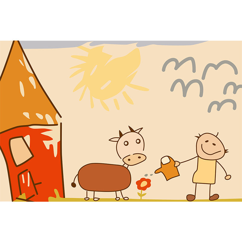 Skorter | Cute Painting Pattern Rug Orange Kids Rug Polyester Pet Friendly Washable Area Rug for Kids Room