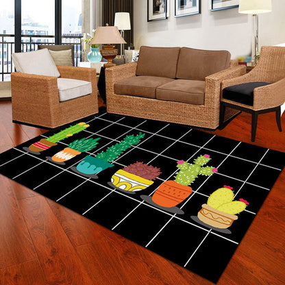 Skorter | Children Cactus Pattern Rug Black and Green Polyester Rug Washable Pet-Friendly Non-Slip Area Rug for the Children's Room
