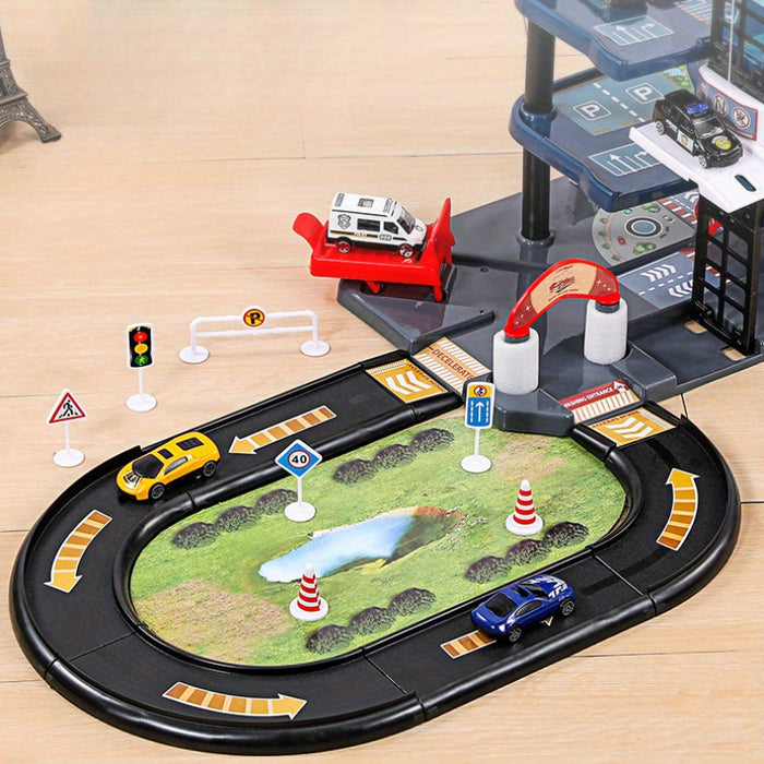 Skorter | FirePark Garage Playset – Multi-Level Fire Station with Fire Trucks & Traffic Signs for Adventurous Kids