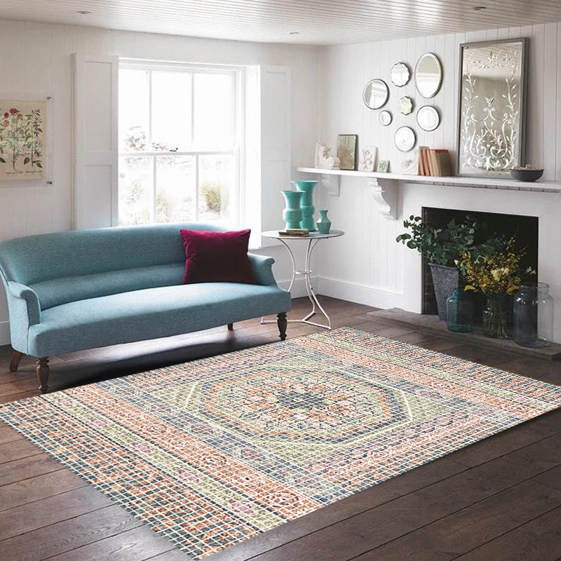 Skorter | Bohemian striped patterned rug with flowers Multicolored Polyester rug Machine washable non-slip back rug for living room