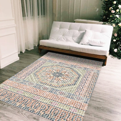 Skorter | Bohemian striped patterned rug with flowers Multicolored Polyester rug Machine washable non-slip back rug for living room