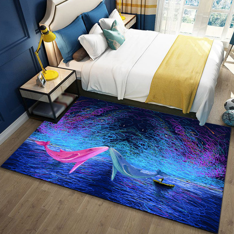 Skorter | Children's Ocean Pattern Rug with Fish Blue Polyester Rug Non-Slip Back Washable Pet-Friendly Rug for the Bedroom