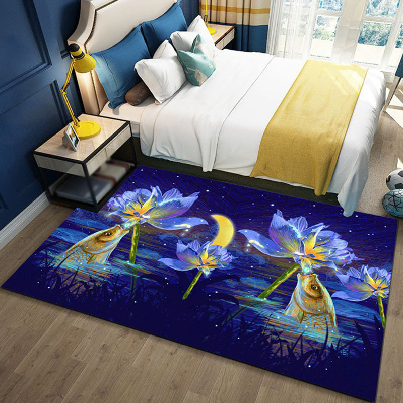 Skorter | Children's Ocean Pattern Rug with Fish Blue Polyester Rug Non-Slip Back Washable Pet-Friendly Rug for the Bedroom