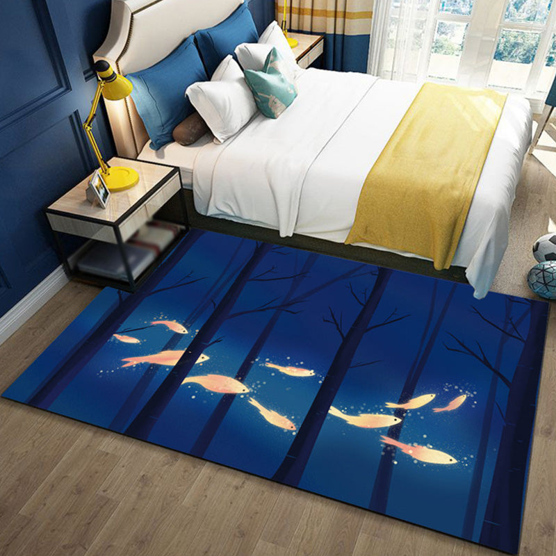 Skorter | Children's Ocean Pattern Rug with Fish Blue Polyester Rug Non-Slip Back Washable Pet-Friendly Rug for the Bedroom