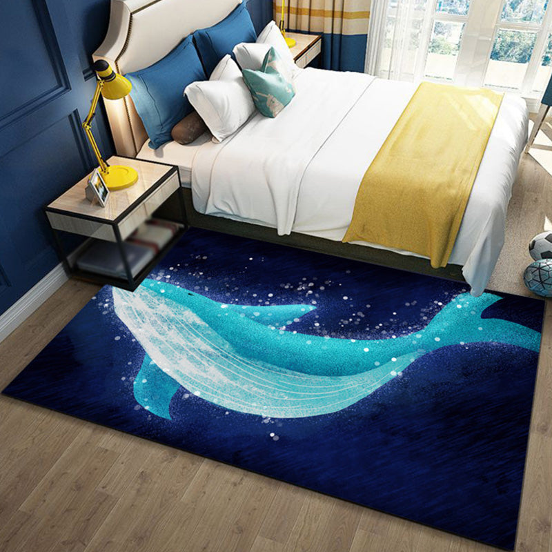 Skorter | Children's Ocean Pattern Rug with Fish Blue Polyester Rug Non-Slip Back Washable Pet-Friendly Rug for the Bedroom