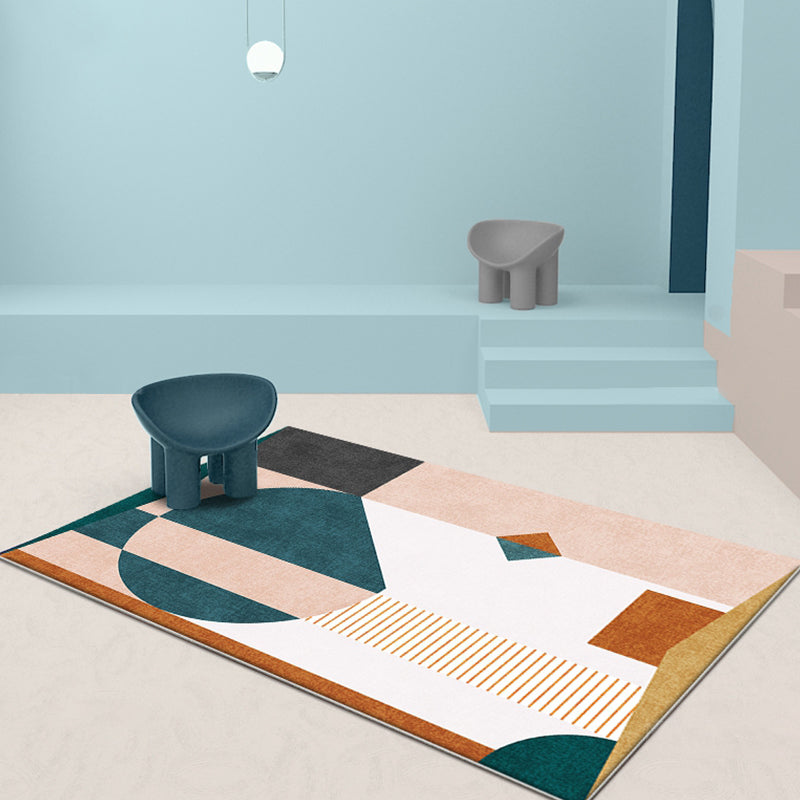 Skorter | Casual Multicolor Modernist Carpet Polyester Color Block Stripe Pattern Carpet Washable Pet Friendly Non-Slip Carpet for Living Room