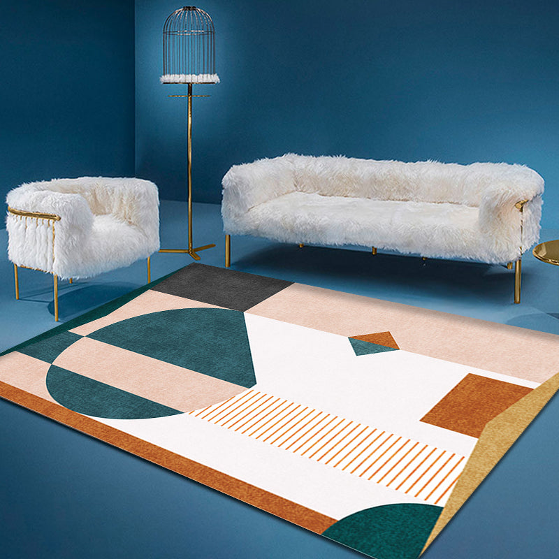 Skorter | Casual Multicolor Modernist Carpet Polyester Color Block Stripe Pattern Carpet Washable Pet Friendly Non-Slip Carpet for Living Room