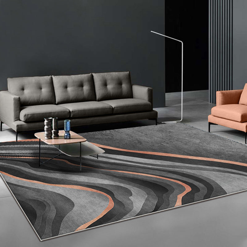 Skorter | Creative Black Modernist Carpet Polyester Swirl Striped Pattern Rug Washable Pet-Friendly Non-Slip Area Rug for Living Room