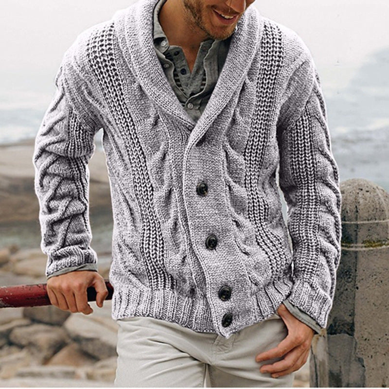 Men's chunky knit cardigan with shawl collar and button details Skorter