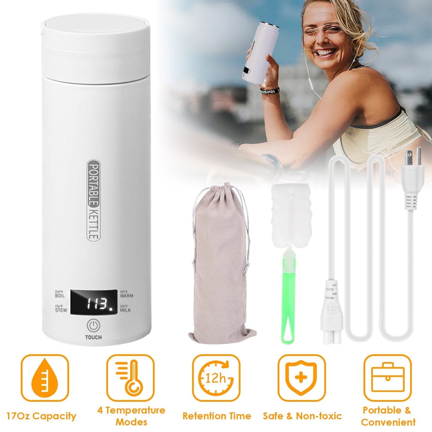 Skorter | 17Oz Stainless Steel Travel Electric Kettle with 4 Temperature Presets