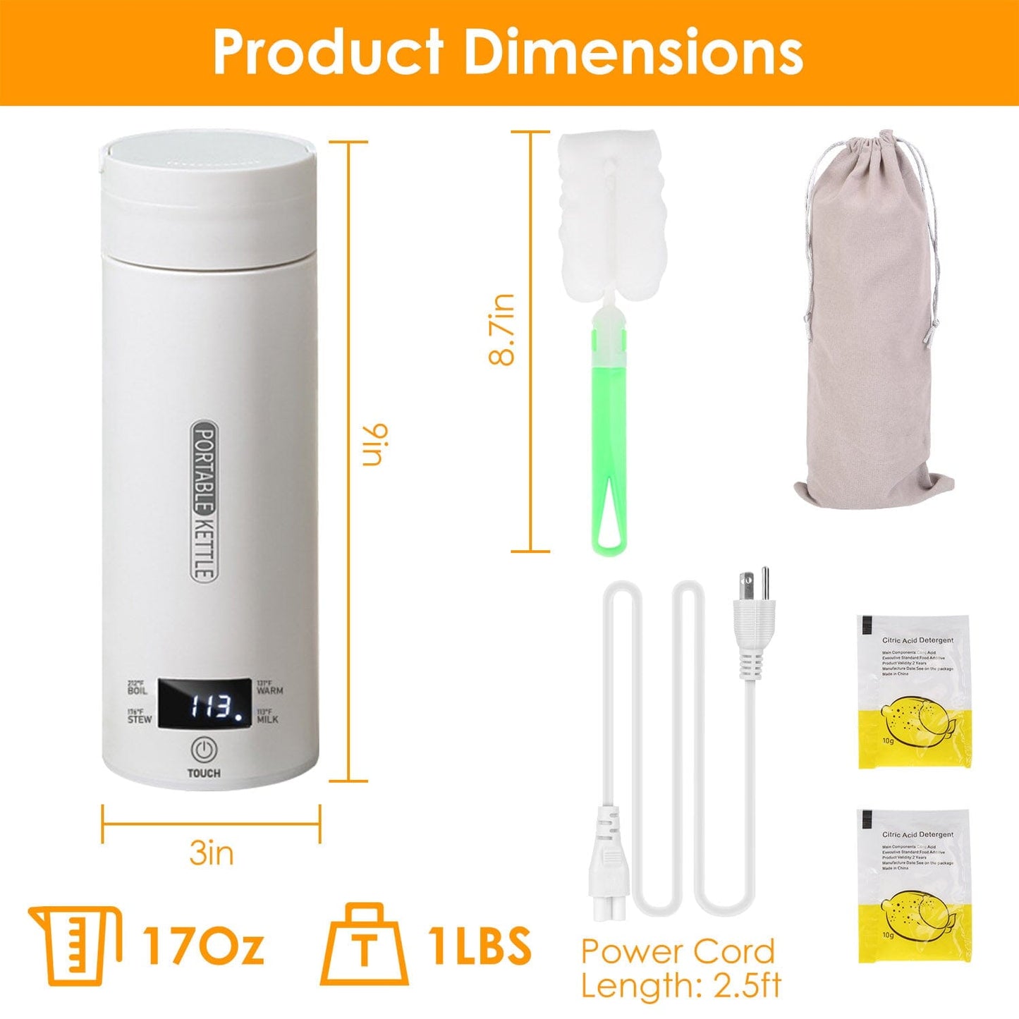 Skorter | 17Oz Stainless Steel Travel Electric Kettle with 4 Temperature Setting Modes