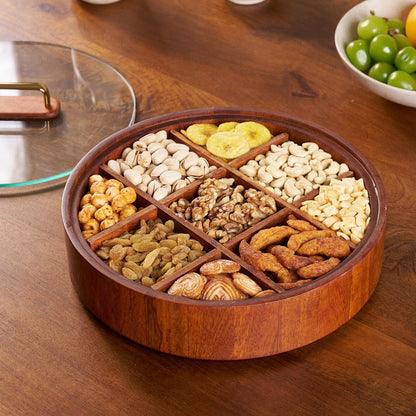 Skorter | BambooSpin – 9-Compartment Serving Tray with Rotating Lid | Premium Bamboo Snack Platter