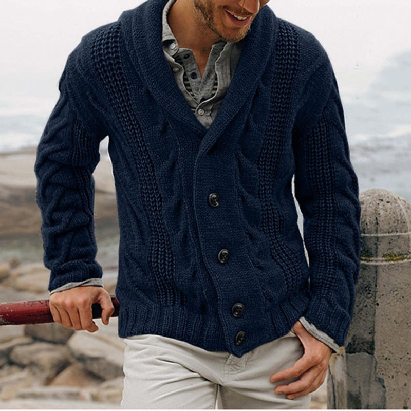 Men's chunky knit cardigan with shawl collar and button details Skorter