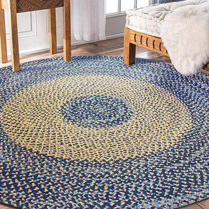 Skorter | Country Circle Pattern Rug Blue and Brown Sisal Rug Non-Slip Back Washable Pet-Friendly Carpet for Home