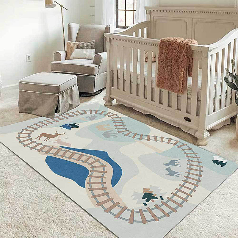 Skorter | Blue Rail Pattern Carpet with Animals Polyester Kids Carpet Pet Friendly Washable Non-Slip Carpet for the Bedroom