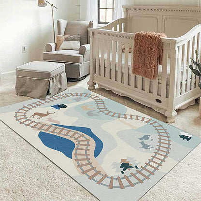 Skorter | Blue Rail Pattern Carpet with Animals Polyester Kids Carpet Pet Friendly Washable Non-Slip Carpet for the Bedroom