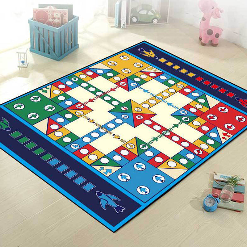 Skorter | Blue Children's Room Carpet Kids Chessboard Pattern Carpet Polyester Washable Non-Slip Backing Pet-Friendly Carpet